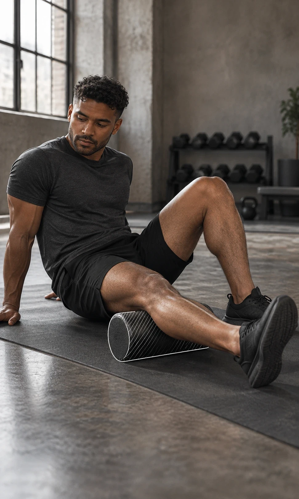 Man using a foam roller for leg recovery