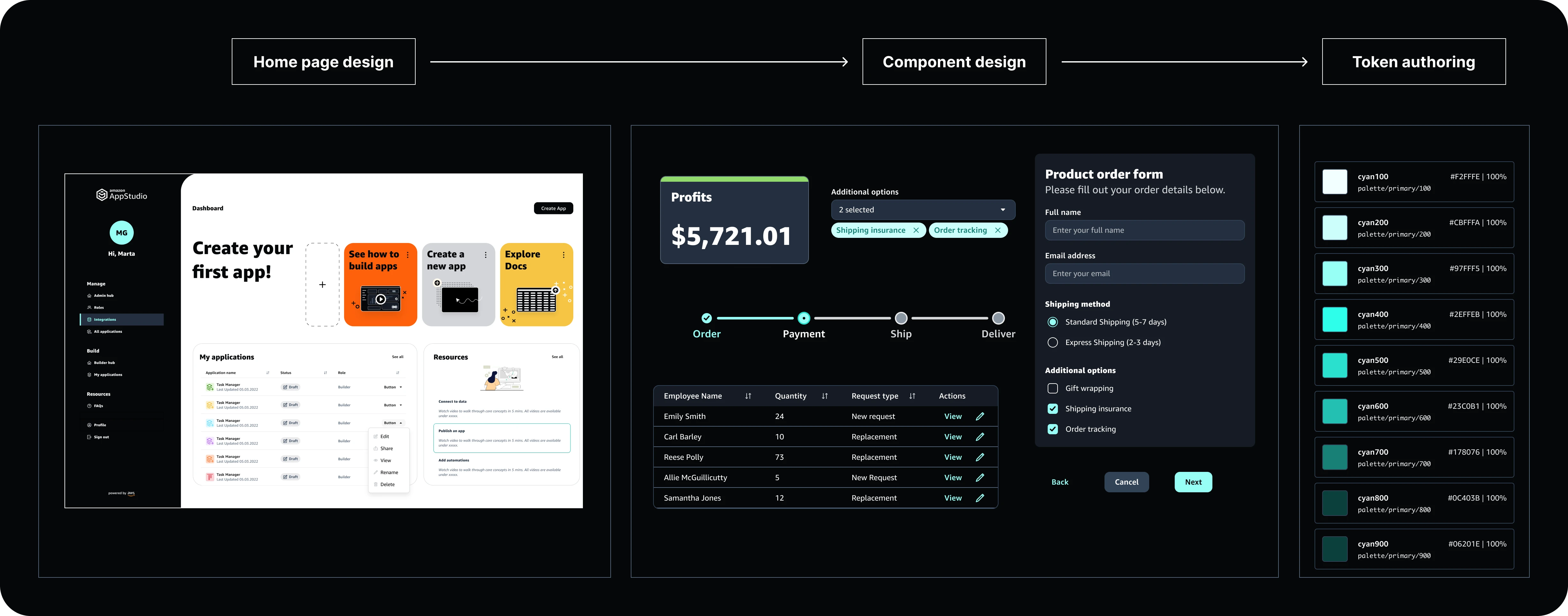 A collage of images of a home page, components, and color swatches