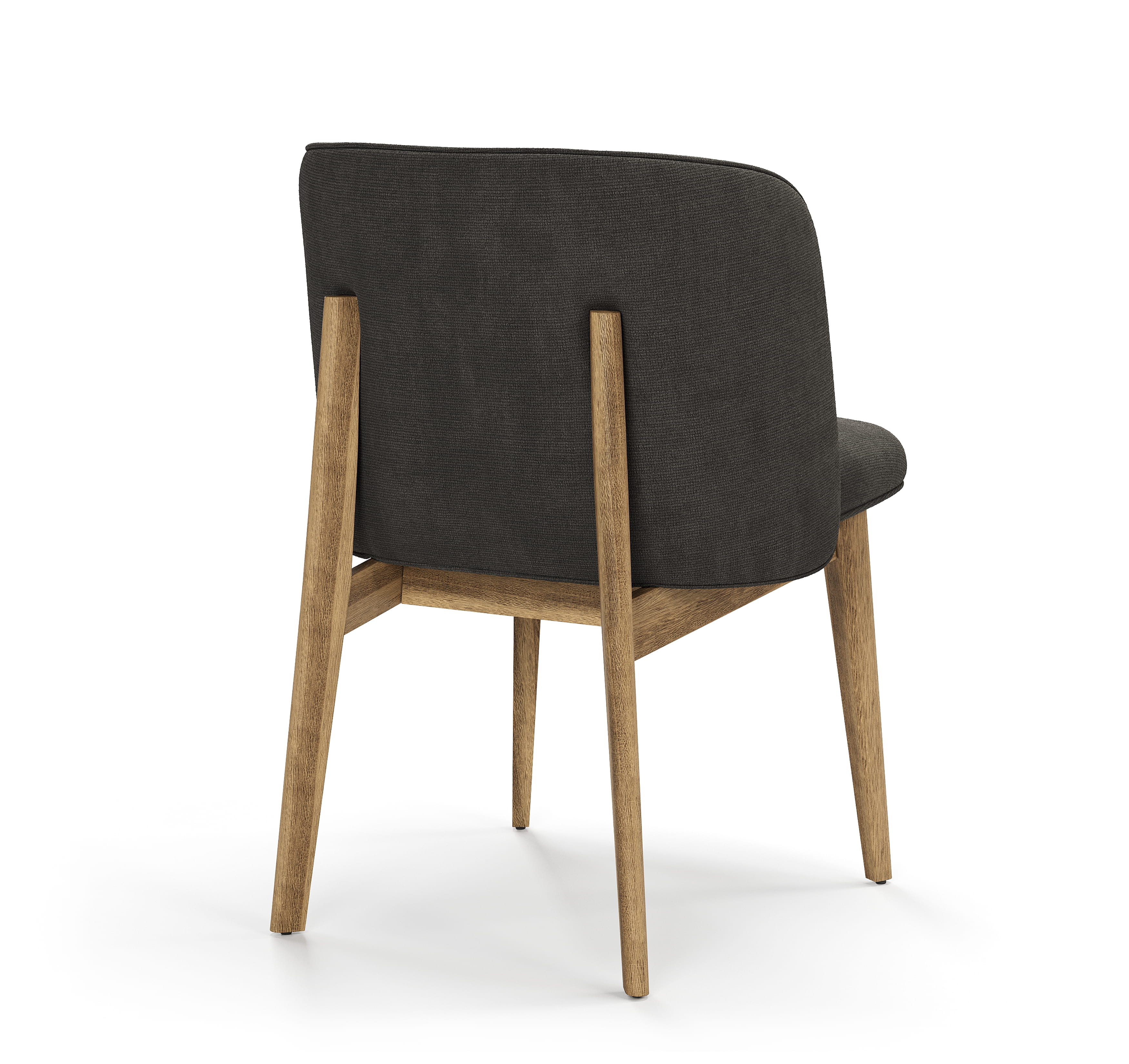 Back view of dining chair with wooden frame and upholstered backrest
