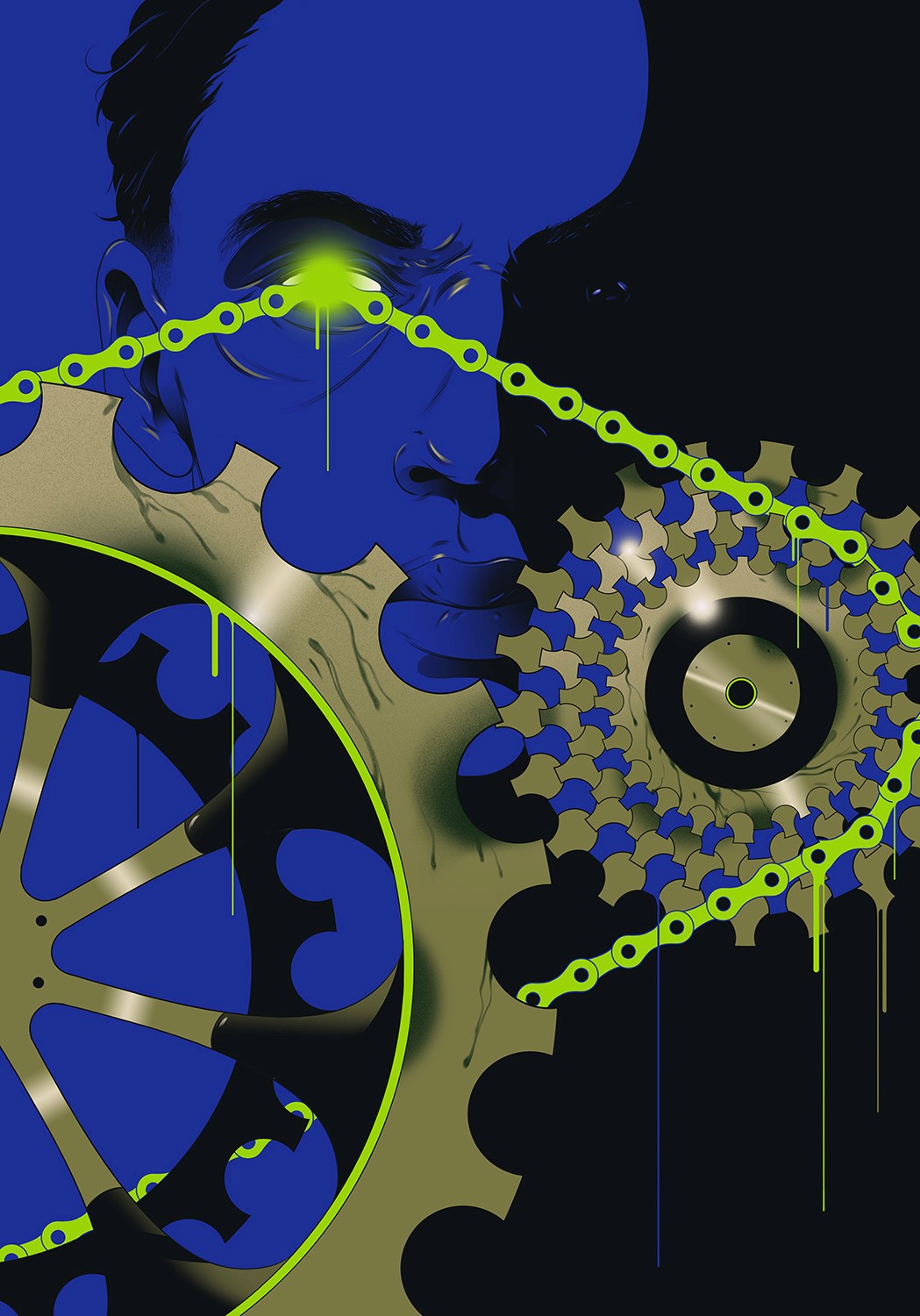 Dark blue and green A Scanner Darkly illustration featuring a distorted face and mechanical forms, creating a tense sci-fi image of surveillance and disconnection.