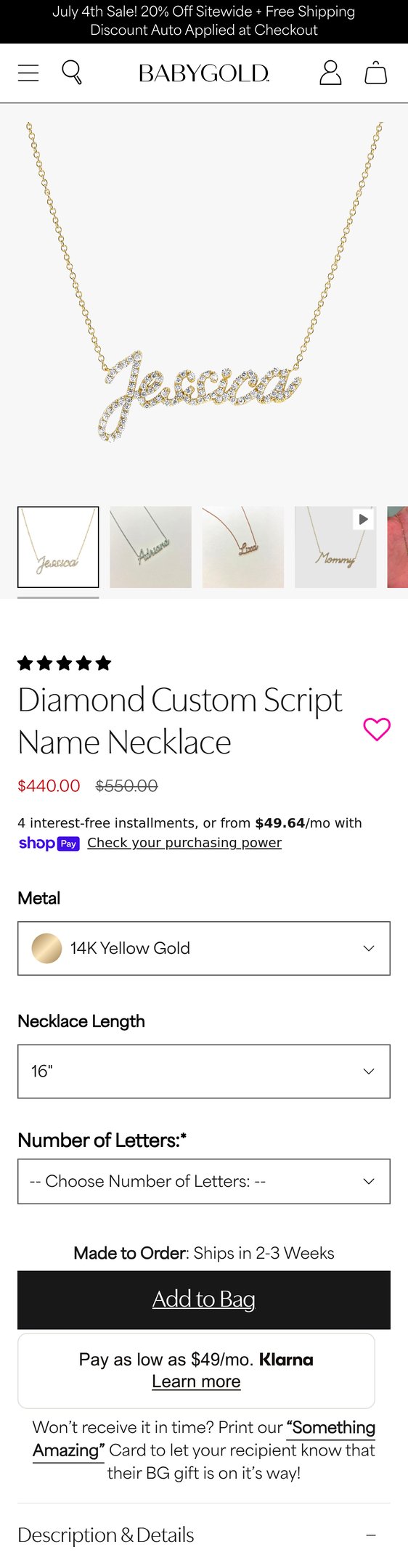 Jewelry product options include: necklace, chain for 14K Gold Diamond Custom Script Name Necklace from Baby Gold.