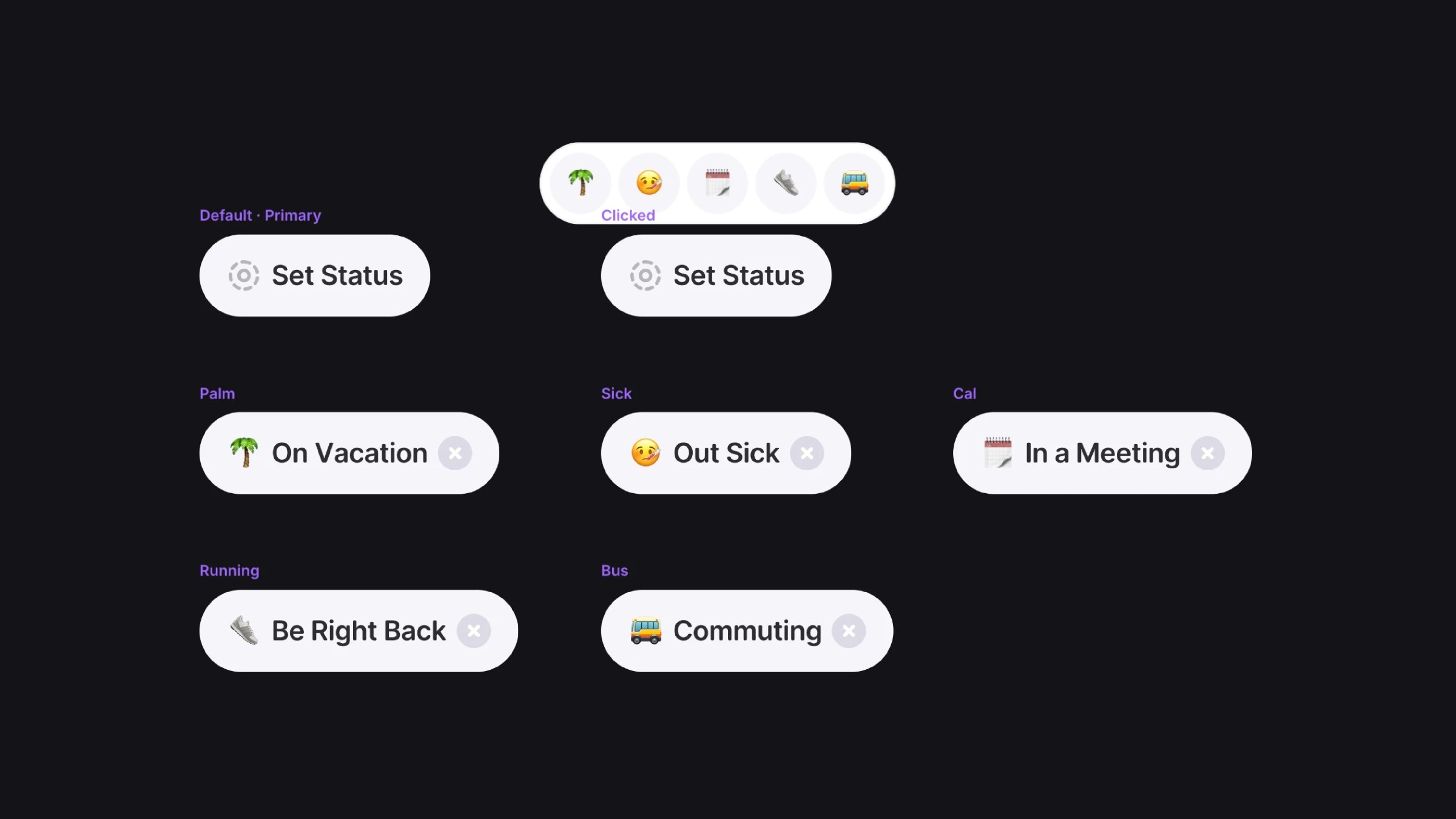 Set Status UI variants in Framer showing different emoji states like vacation, out sick, and commuting