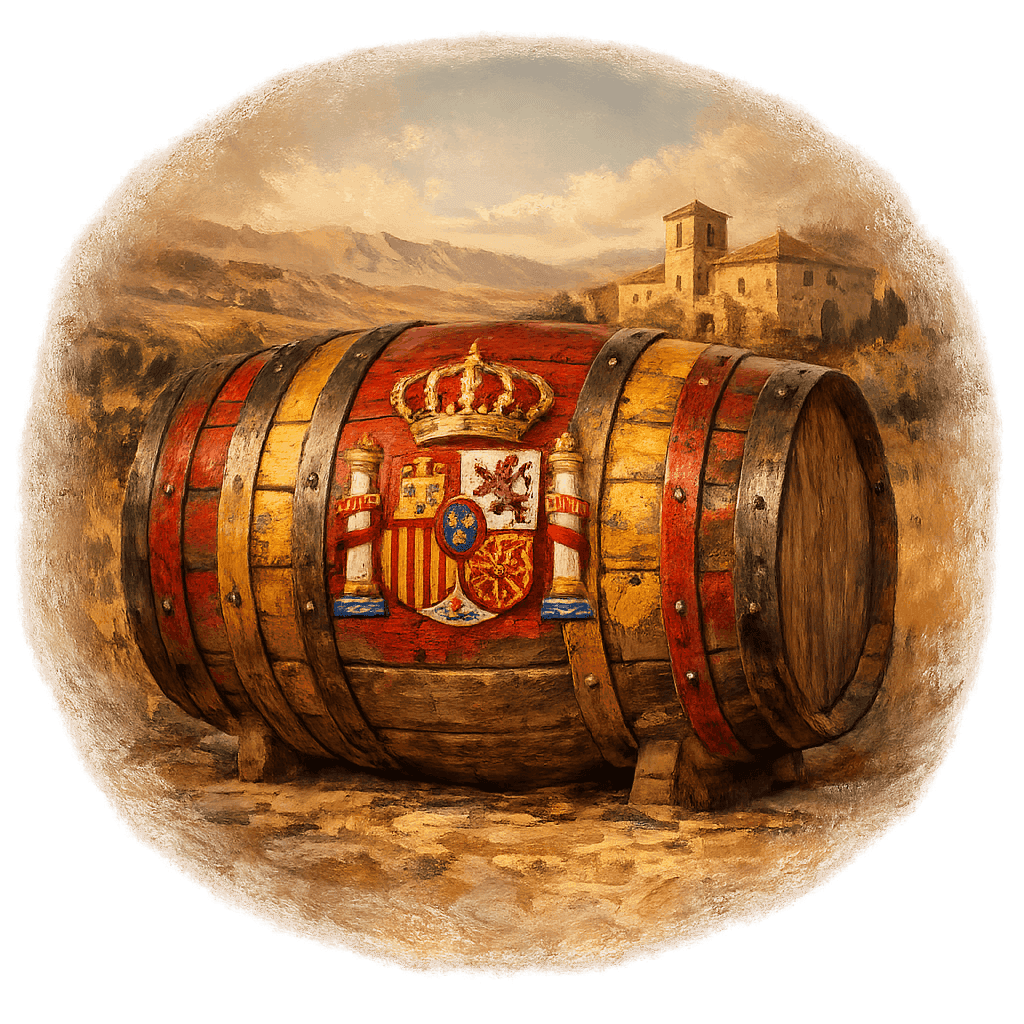 Wine barrel featuring the Spain national emblem for regional wine education.