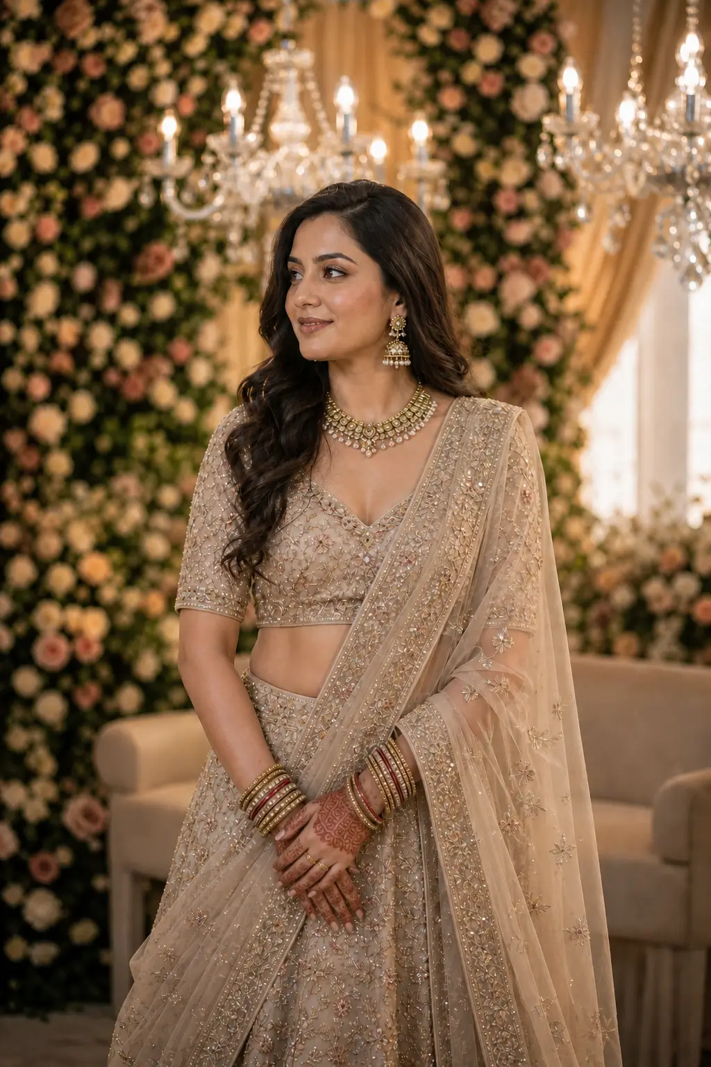 AI-generated luxury portrait of a woman in an elegant embroidered saree standing in a grand floral-lit interior.
