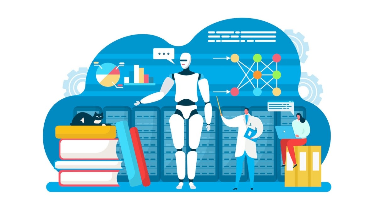 Illustration of a humanoid robot surrounded by books, charts, servers, and people interacting with neural network diagrams—representing how machines learn through data, algorithms, and human-guided training in machine learning.