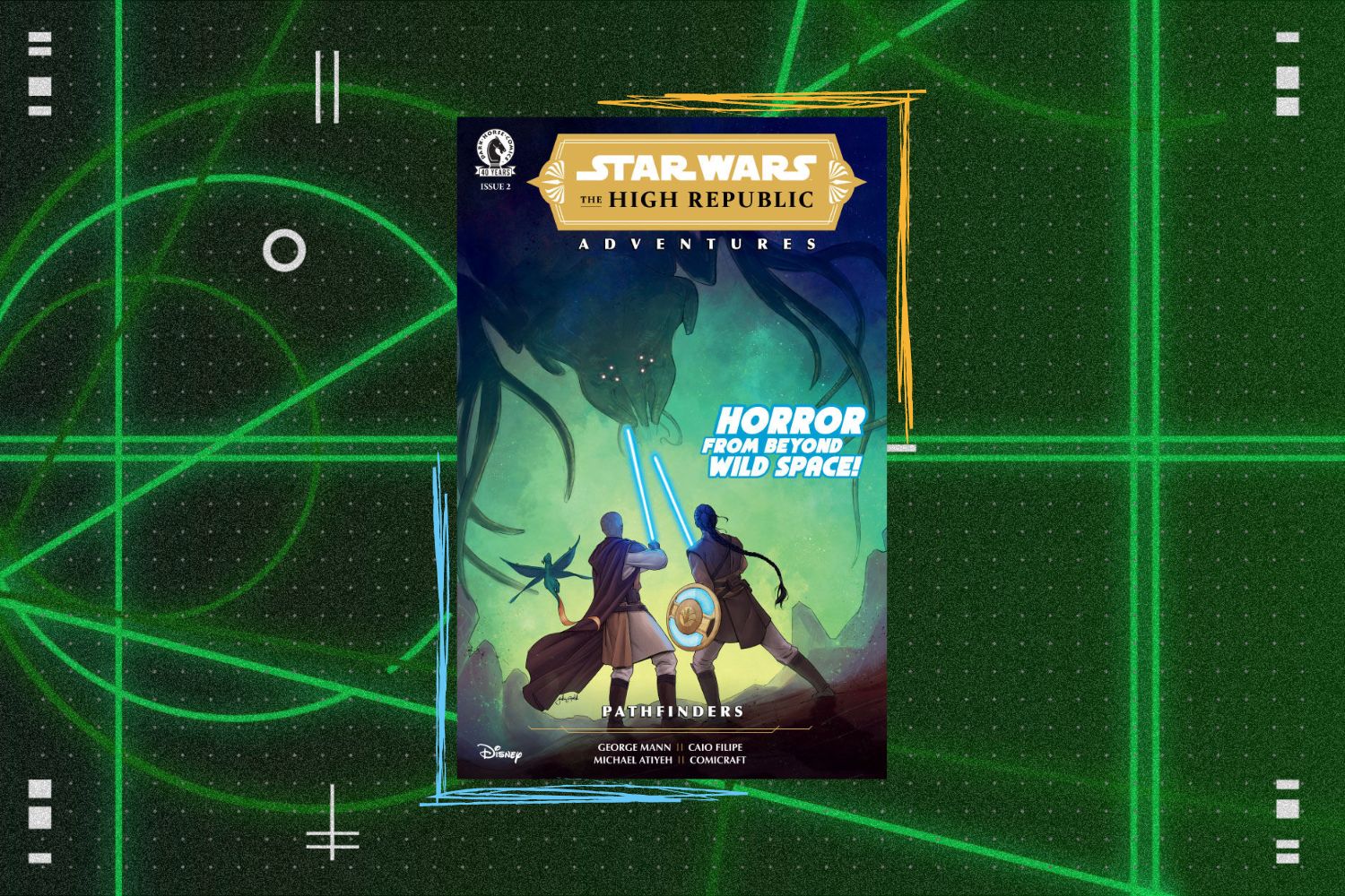 Star Wars: The High Republic Adventures - Pathfinders #2 cover in front of a green geometric background