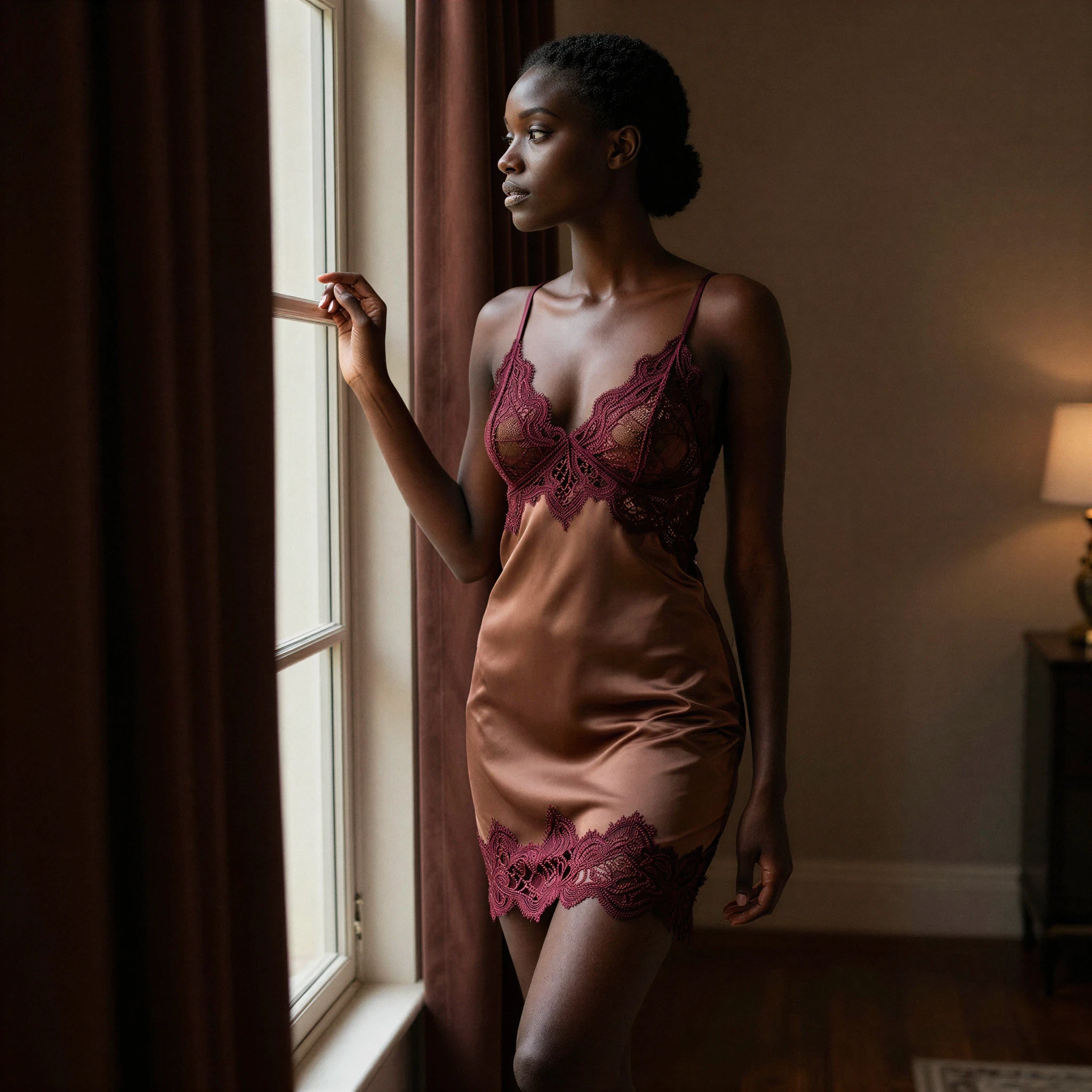 Woman with very deep skin tone in cocoa satin slip with burgundy lace trim.
