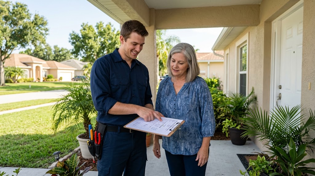 HVAC technician reviewing a written maintenance plan scope with a Palm Beach County homeowner