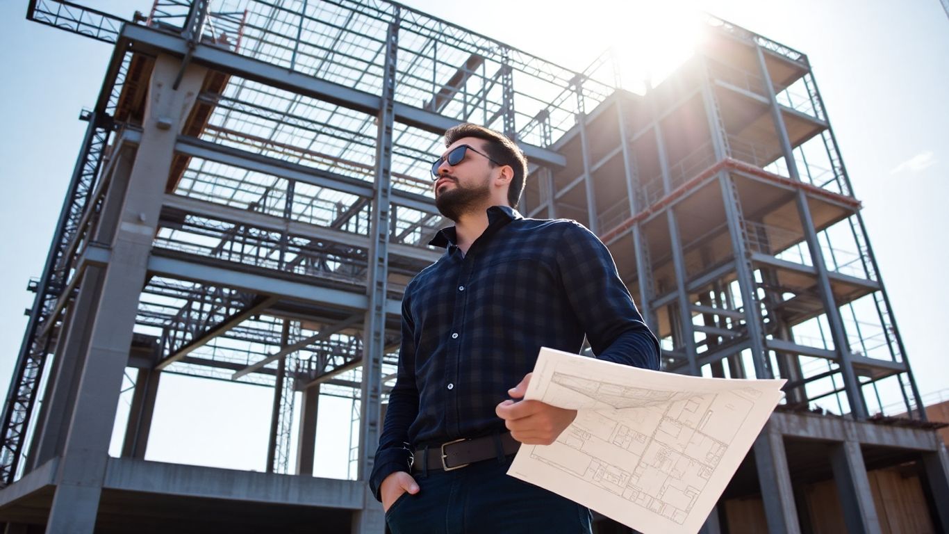 Builder looking at a partially constructed building.