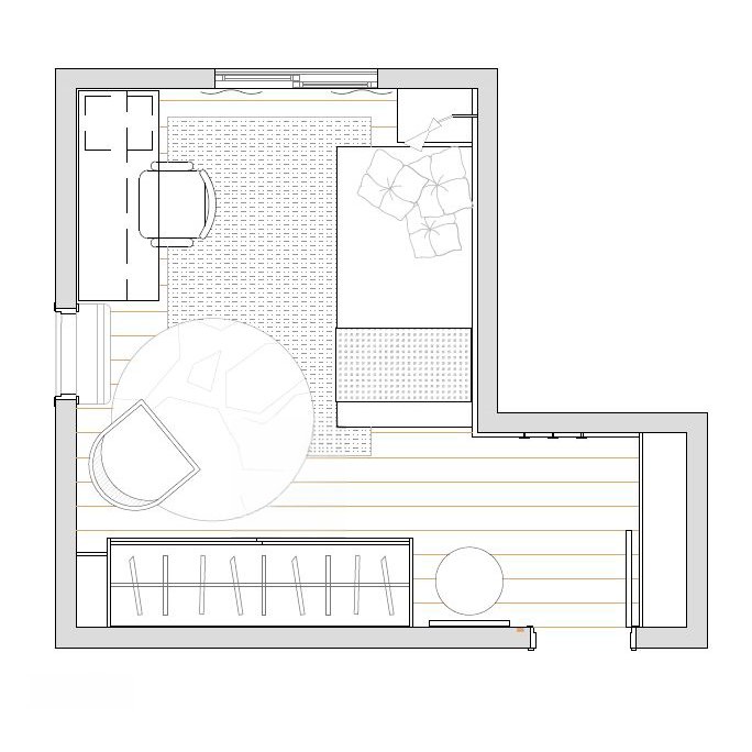Planta baixa técnica do mesmo quarto, usada como referência