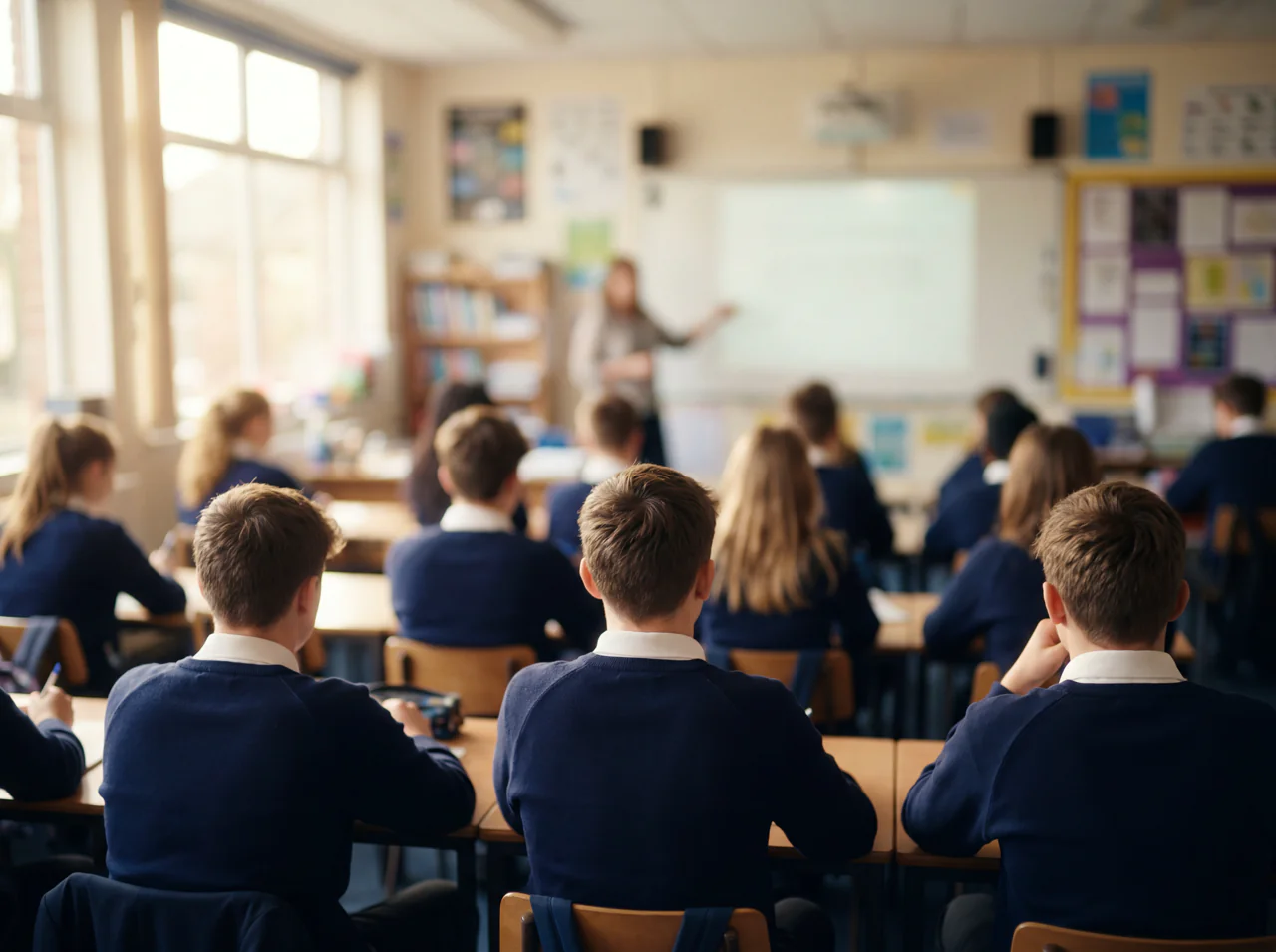 A classroom of students in uniform facing their teacher at the whiteboard