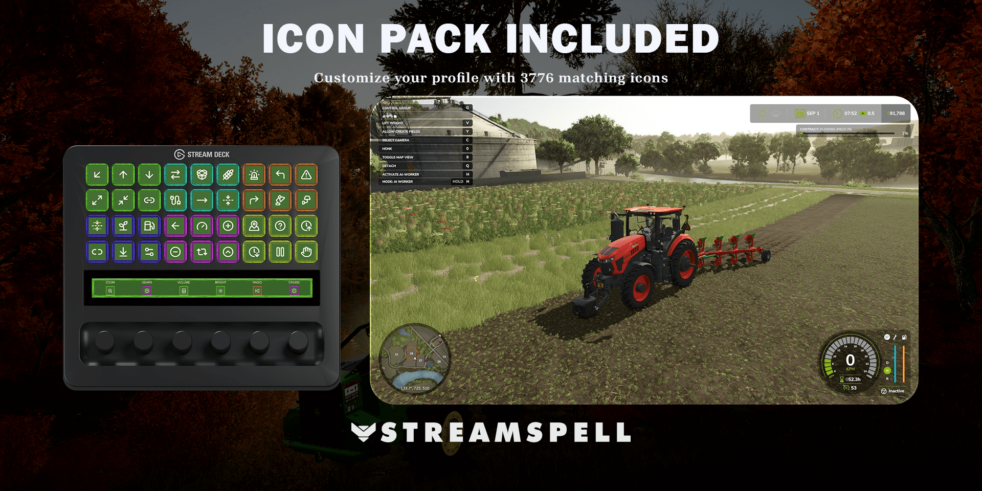Farming Simulator 25 updated icon-pack preview with matching artwork on Stream Deck + XL