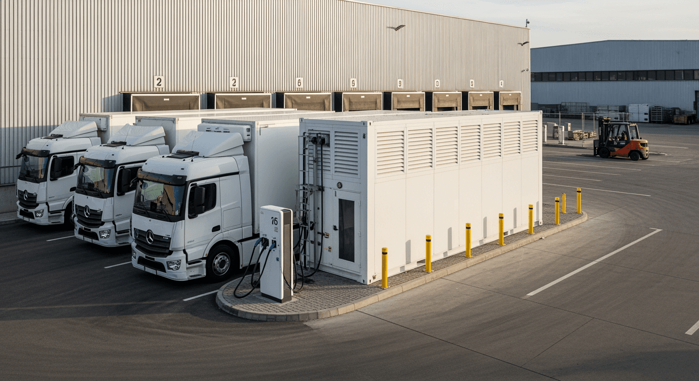 Drei weiße E-Lkw stehen vor einem großen weißen Batteriespeicher-Container auf dem Hof eines Logistikzentrums. Ein Lkw ist an einem DC-Schnelllader angeschlossen. Im Hintergrund sind Laderampen des Lagergebäudes und ein Gabelstapler zu sehen. Dieses Bild wurde mit KI generiert.