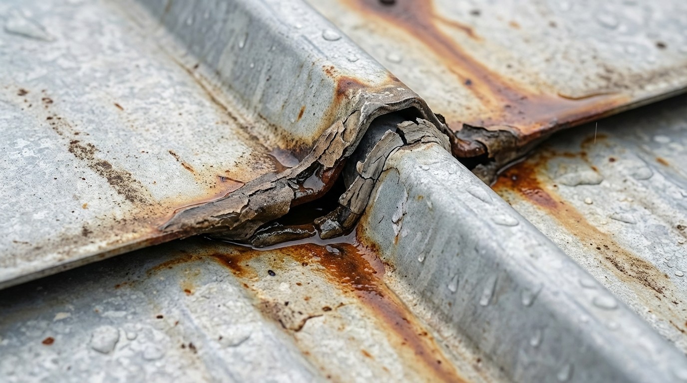 Failed sealant at metal roof seam showing cracks and gaps
