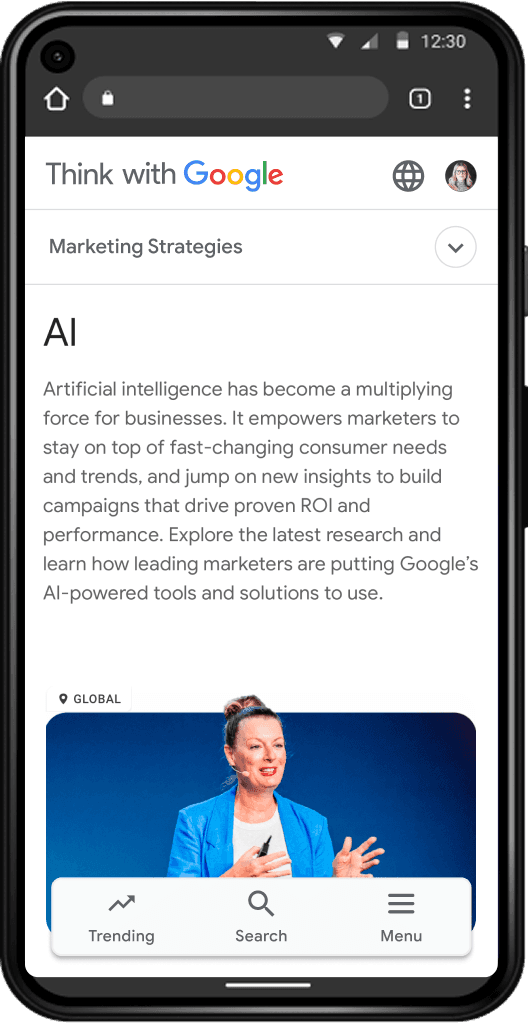 Mobile screen display of the Think with Google home page