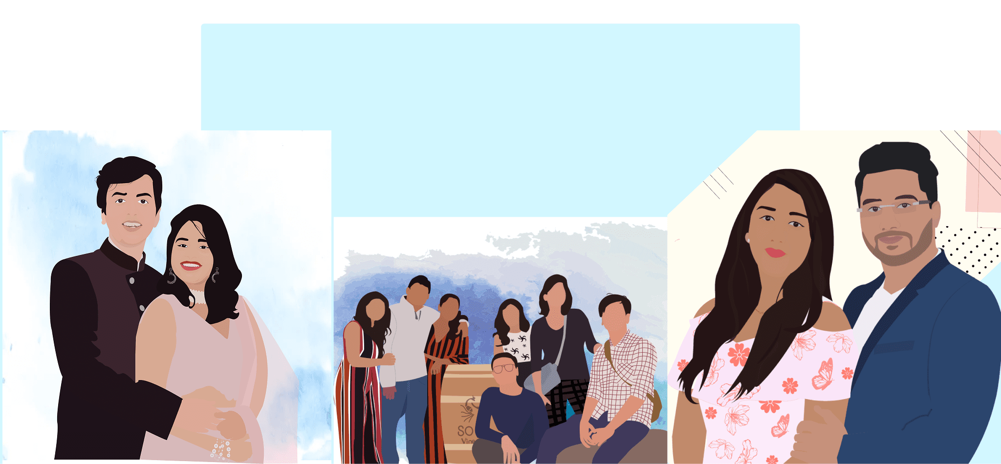 Digitally illustrated group portraits of smiling couples and friends, showcasing digital art and illustration skills.