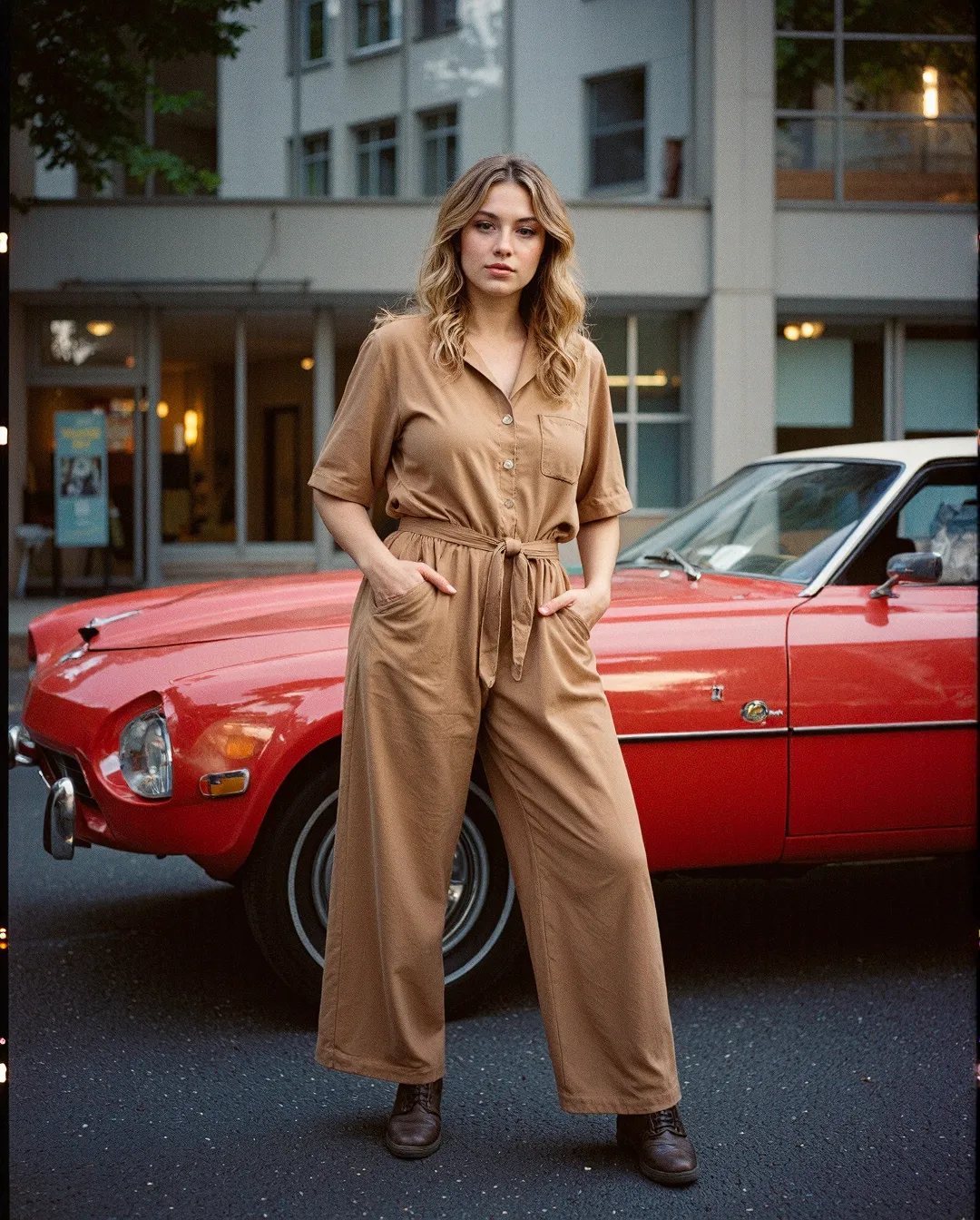 Person in camel-colored jumpsuit standing beside a vintage red car, creating a stylish urban contrast against a city backdrop.
