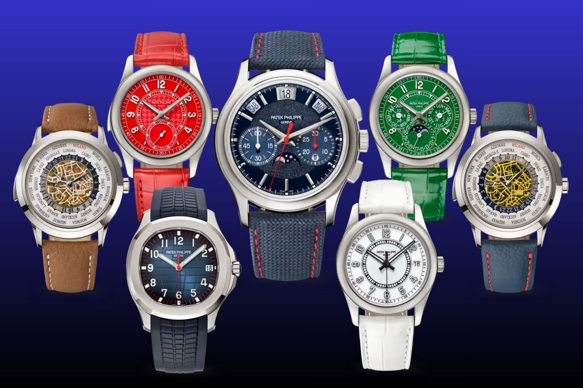 Les sept éditions limitées Patek Philippe de Watch Art Milan 2026 réunies sur fond bleu.