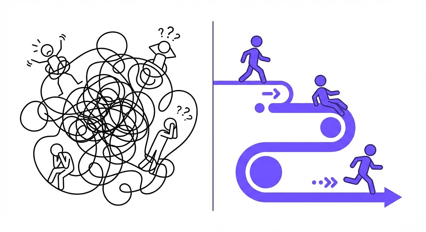 A comparison diagram showing a tangled, chaotic recruitment process on the left and a straight, streamlined, efficient process on the right.
