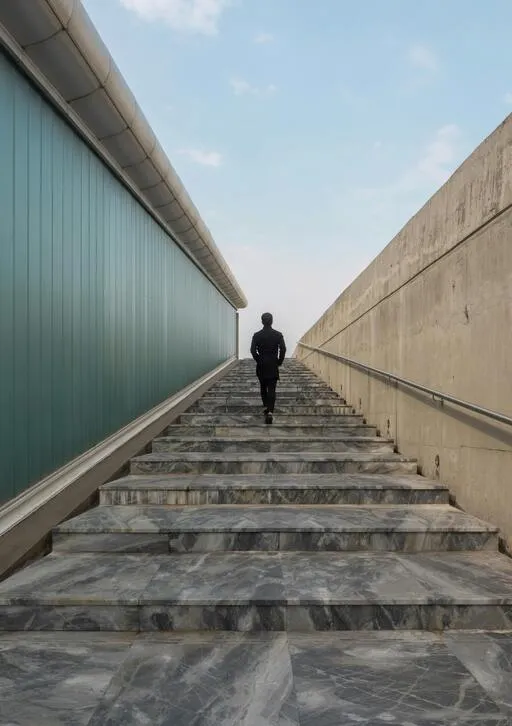 Man in a suit walks up marble stairs between buildings towards the sky. Career or success concept.