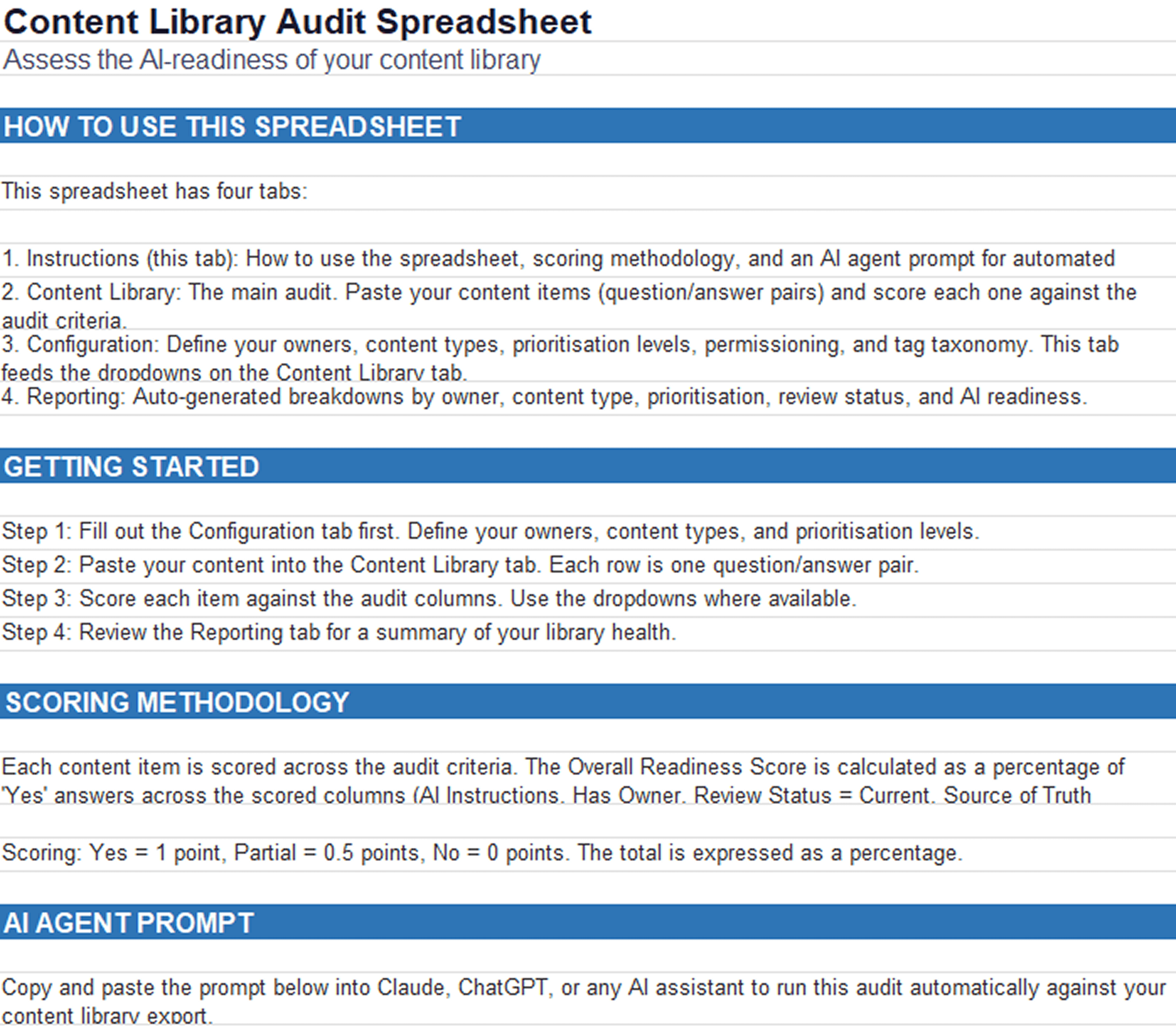 RFP content library audit spreadsheet for reviewing Q&A pairs and AI readiness