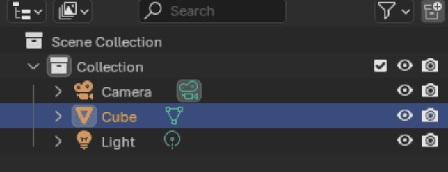 Blender Outliner interface for browsing and selecting scene objects and collections.