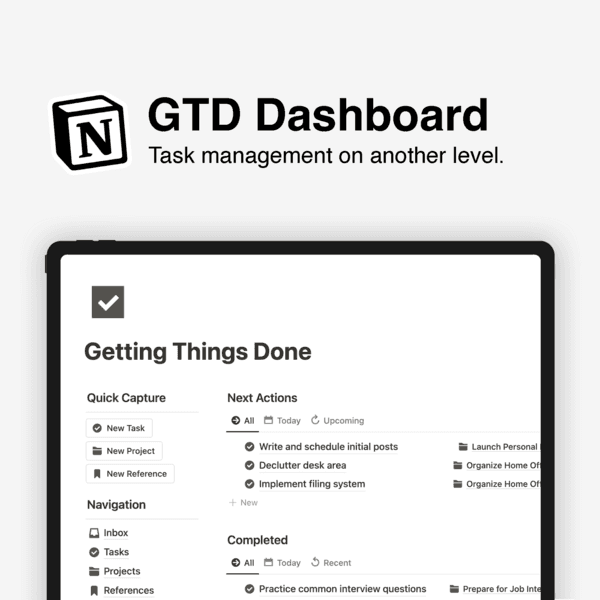 An image showing the Notion template 'GTD Dashboard' by KinaNotion