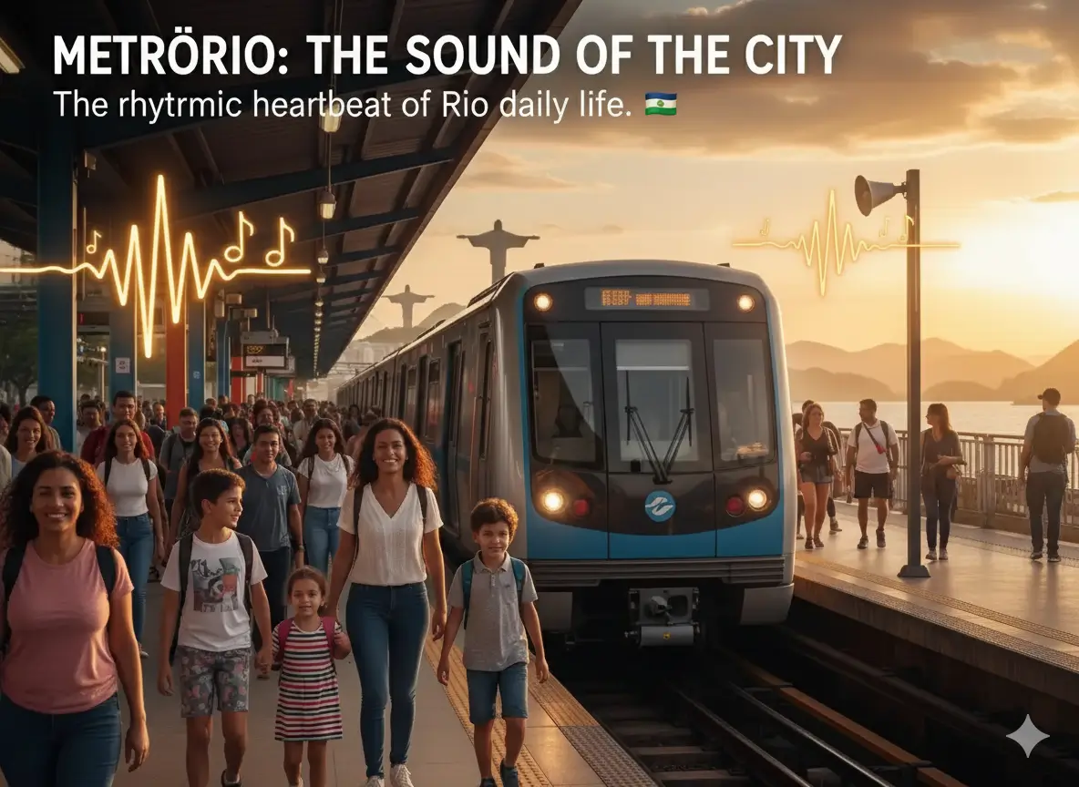 A modern MetrôRio train arrives at a sunny station platform in Rio de Janeiro, bustling with passengers. The iconic Christ the Redeemer statue is visible in the background, while sound waves and musical notes visually represent the immersive sonic branding of the city's metro system.