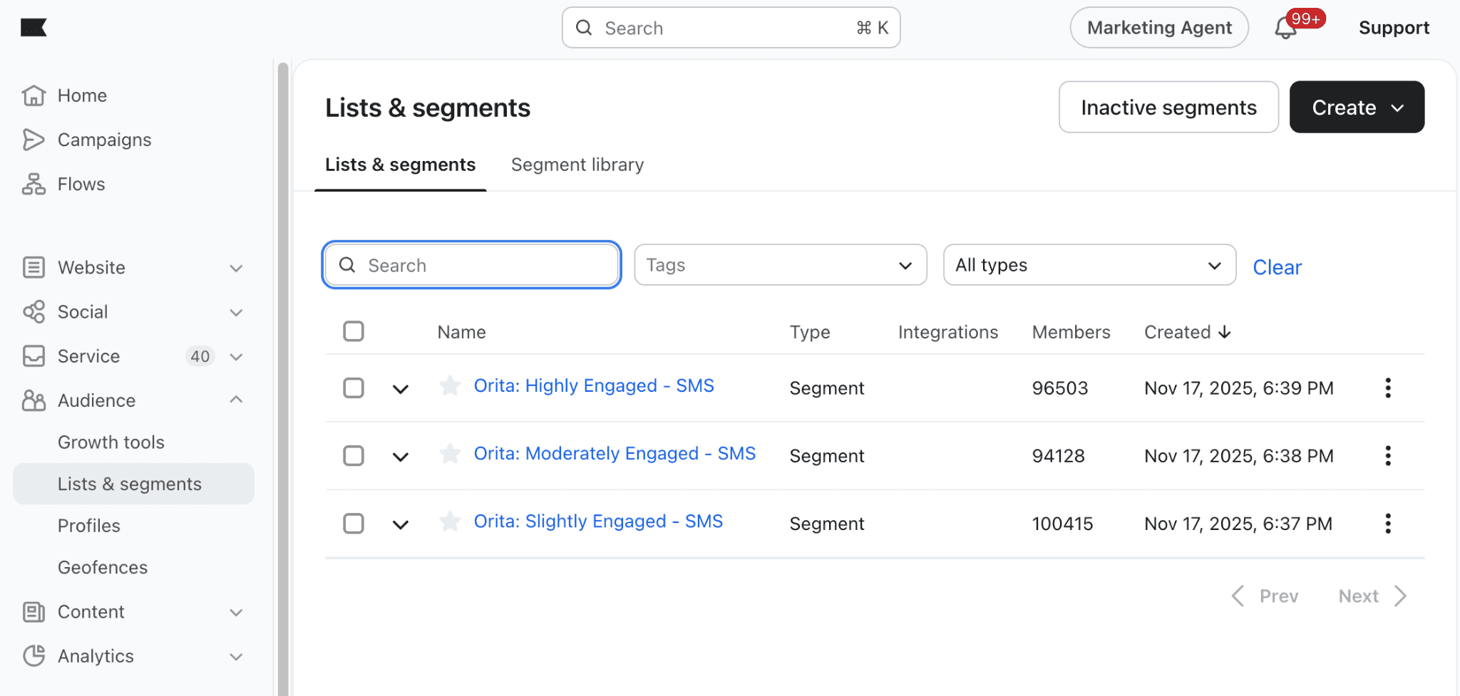 The Klaviyo Lists and segments view showing the five Orita SMS segments: Highly Engaged, Moderately Engaged, Slightly Engaged, Rarely Engaged and Not Engaged