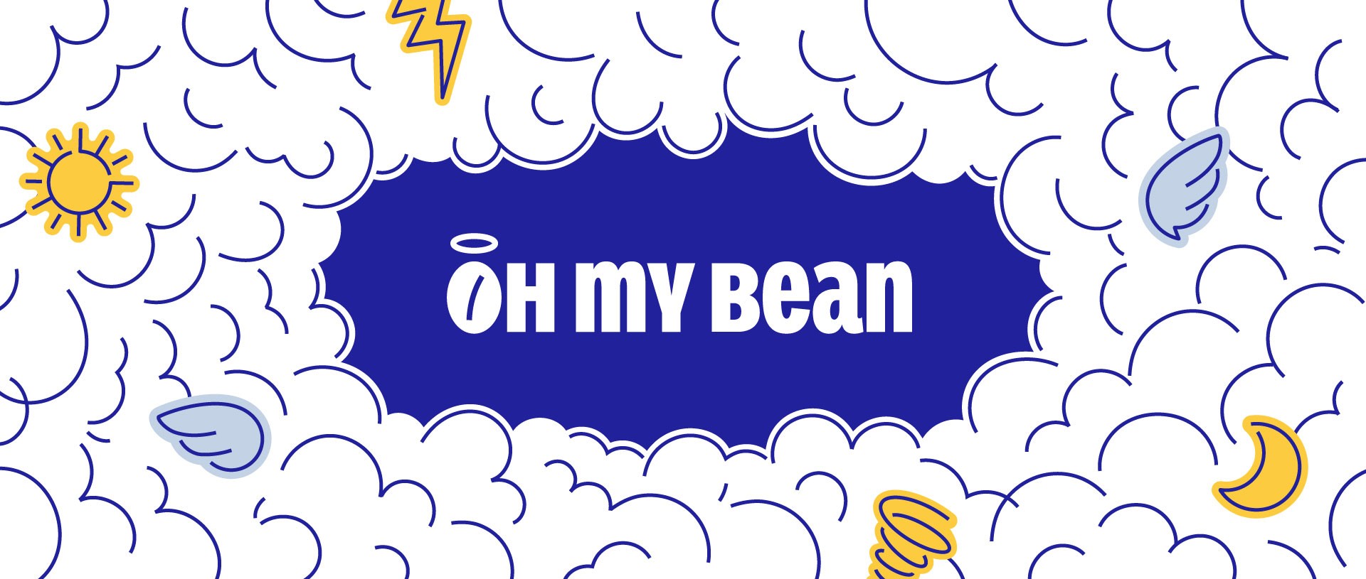 Oh My Bean logo and brand identity by SLOWRAT, featuring the holy bean wordmark surrounded by clouds and weather icons
