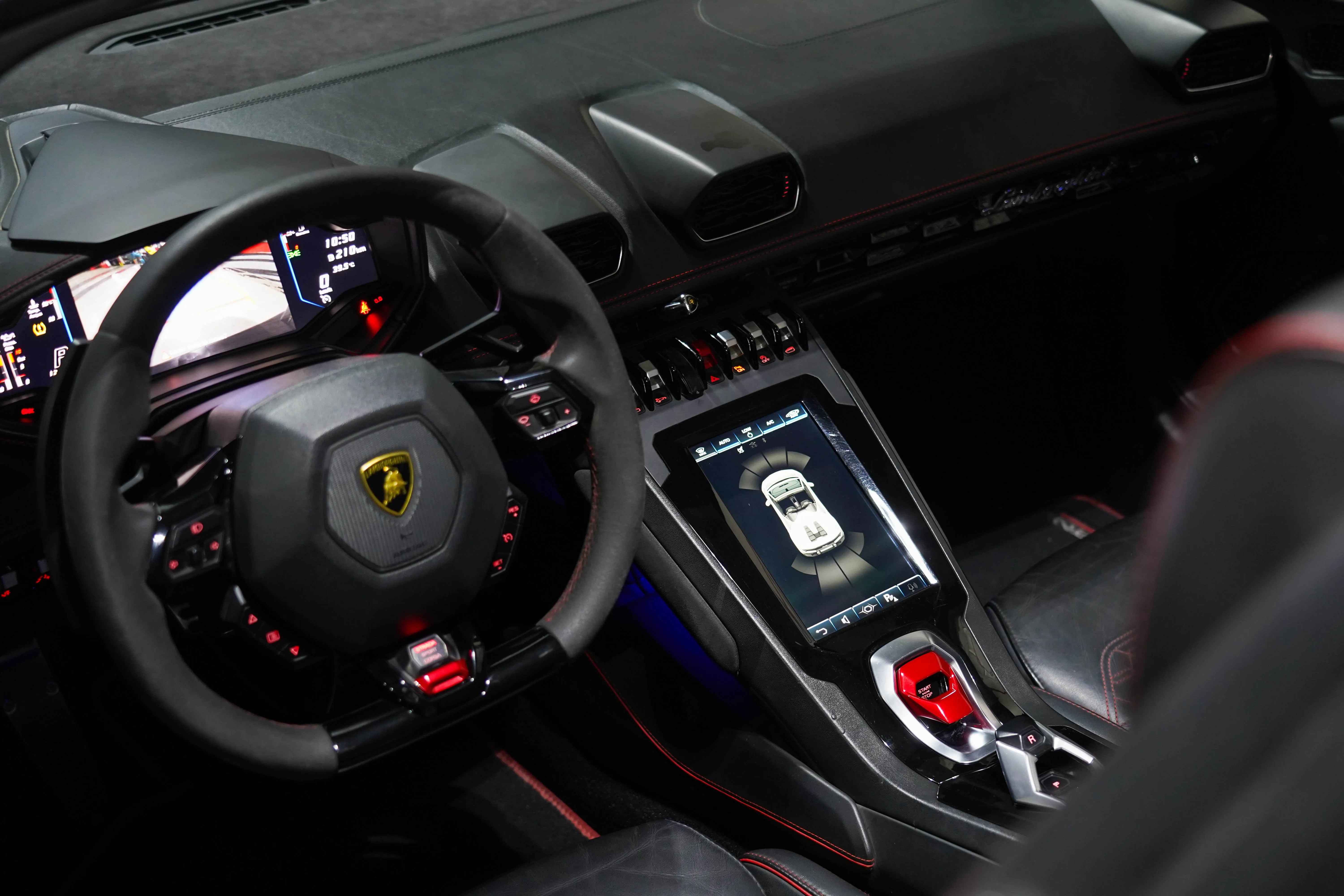 Interior of Lamborghini Huracan EVO Spyder rental car in Dubai