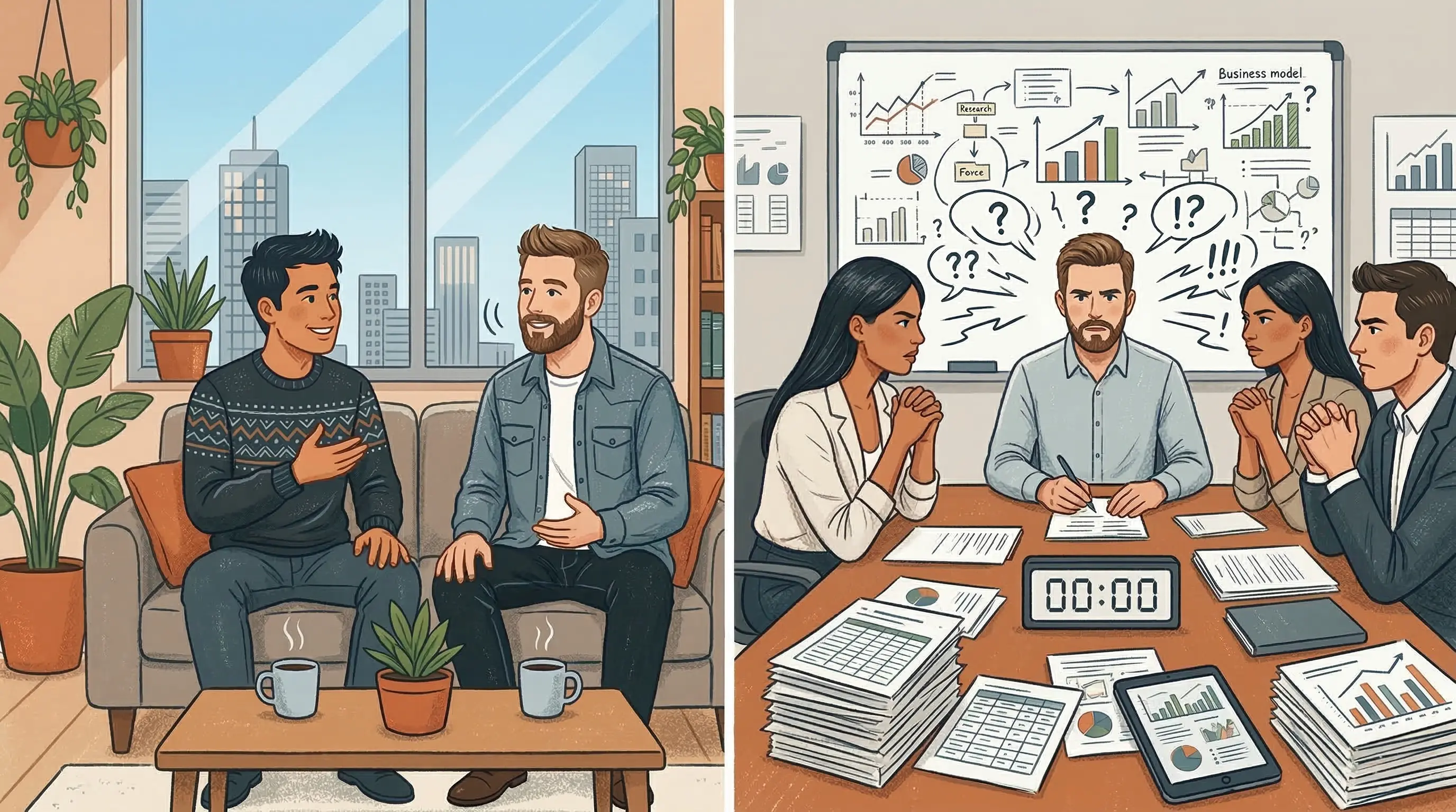 A split scene showing a casual chat on one side and an intense, rapid-fire grilling session on the other, highlighting what a real mock interview looks like.