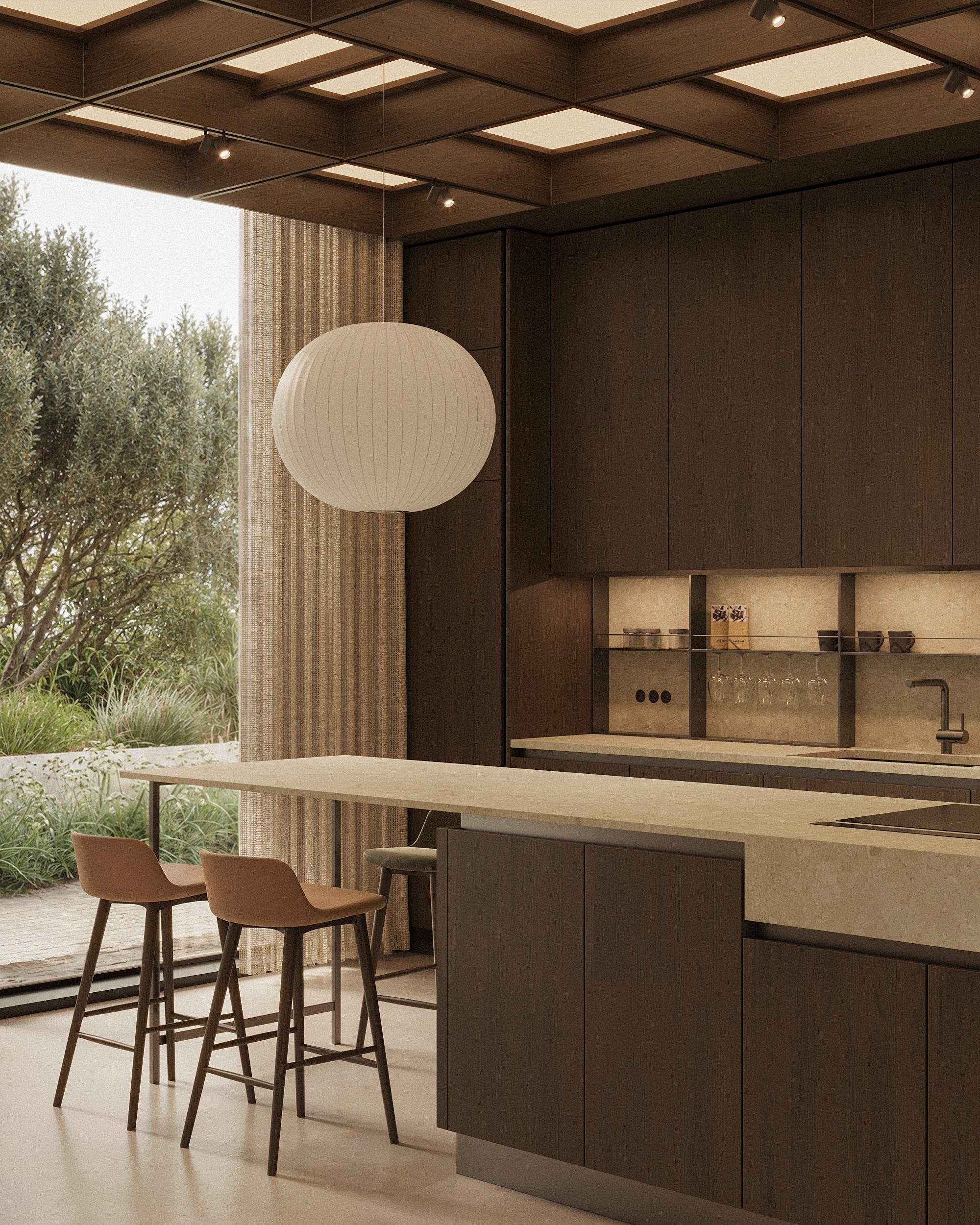 Contemporary kitchen with a natural stone island, dark wood cabinetry, and floor-to-ceiling glazing