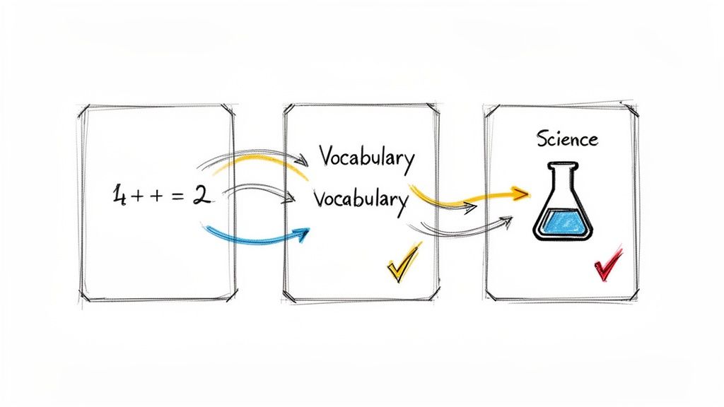 A diagram illustrating a learning process with three boxes: a math problem, vocabulary, and science, connected by arrows and checkmarks.