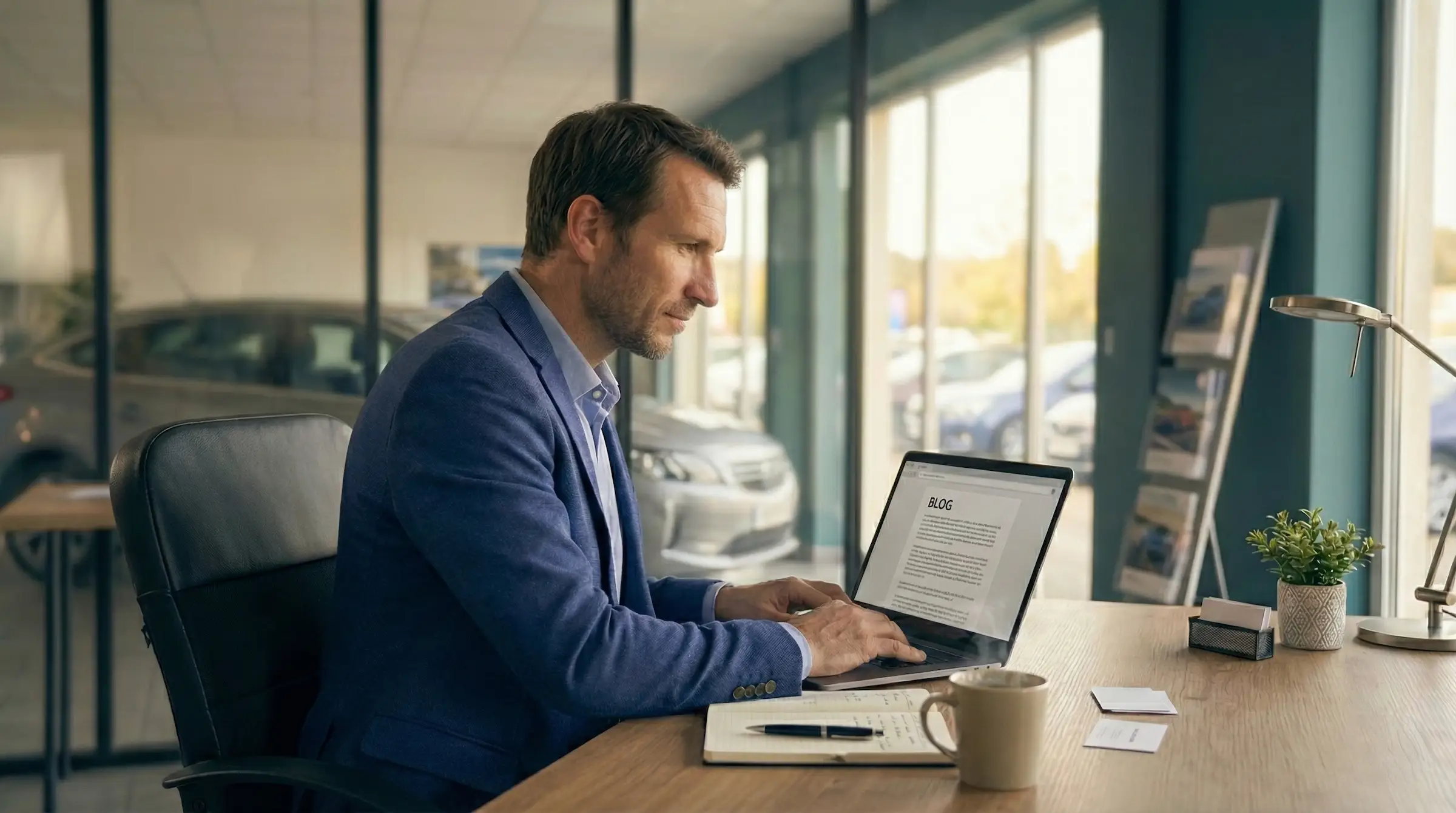 Un vendeur en train de rédiger un article de blog pour La Fleur de l'Auto.