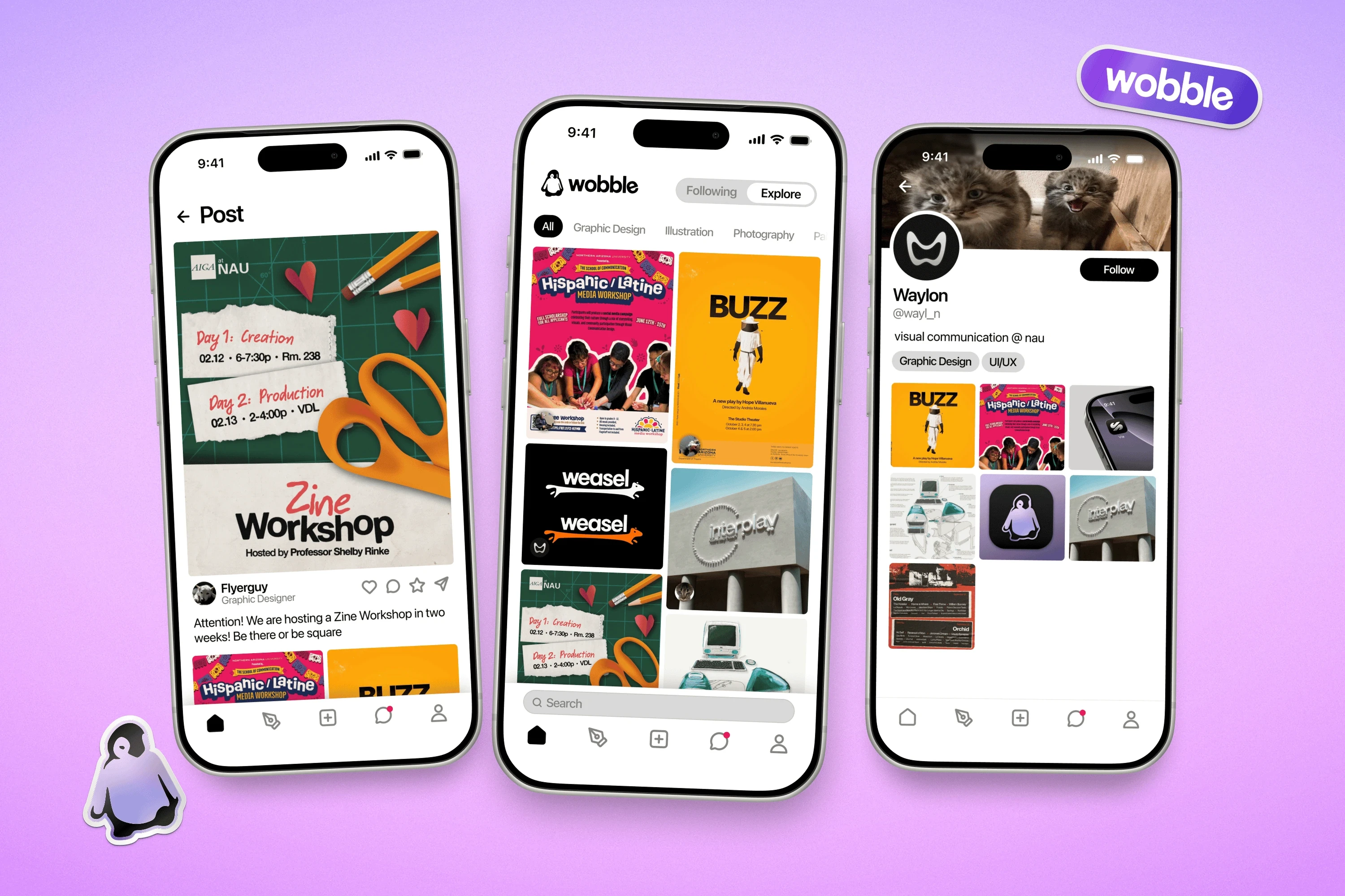 Three phone screens from the Wobble app: a post, the explore feed, and a profile