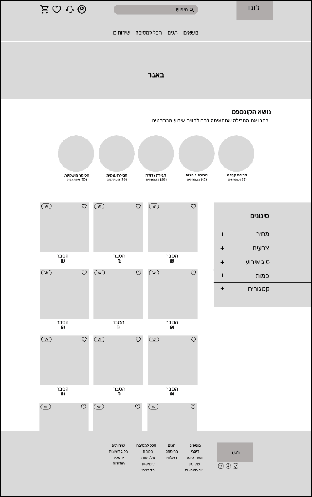Wireframe of a category page with filters and a product grid