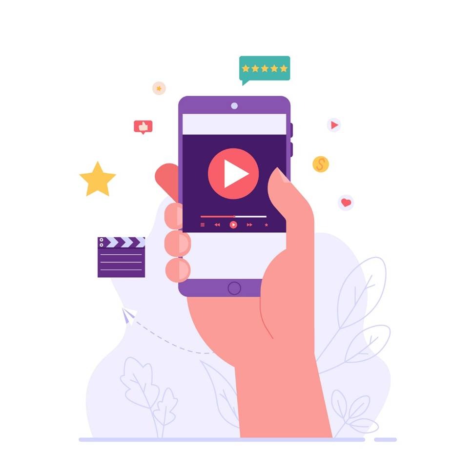 Illustration of a hand holding a smartphone with a video player on screen, surrounded by five-star ratings, likes, a coin, and a clapperboard, representing mobile video content and creator monetization.