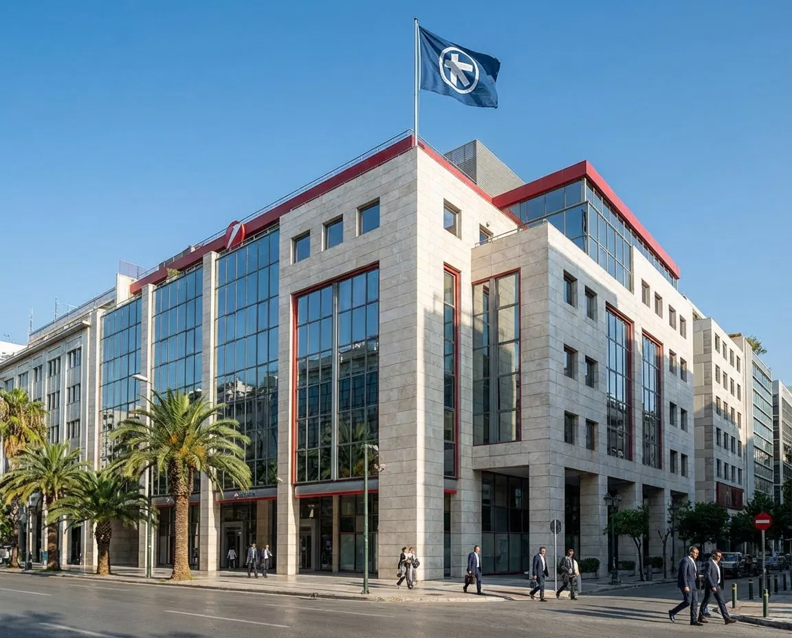 Exterior view of Alpha Bank’s headquarters in Athens with subtle visual cues referencing UniCredit
