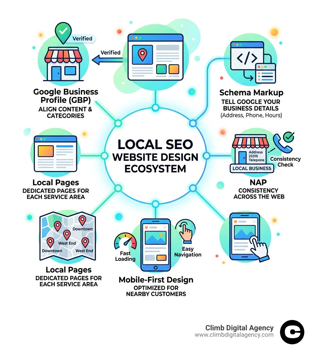 Local SEO website design ecosystem showing Google Business Profile, schema markup, NAP, mobile, and local pages - local SEO