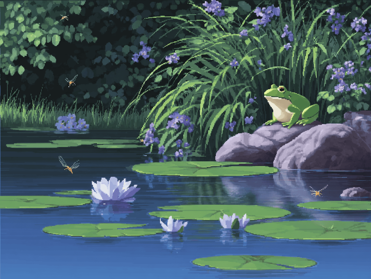 Pixel art of frog and pond.