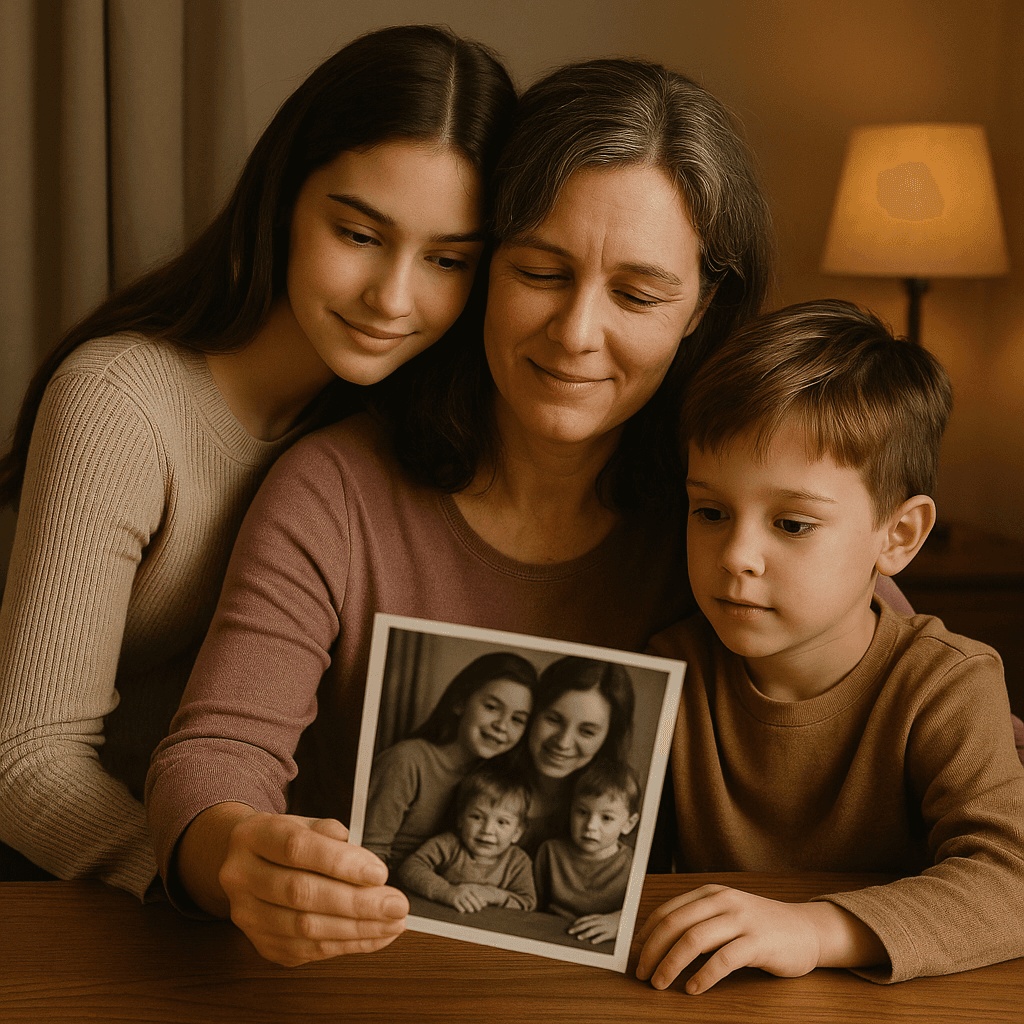 mujer adulta observando fotografías familiares antiguas junto a sus hijos