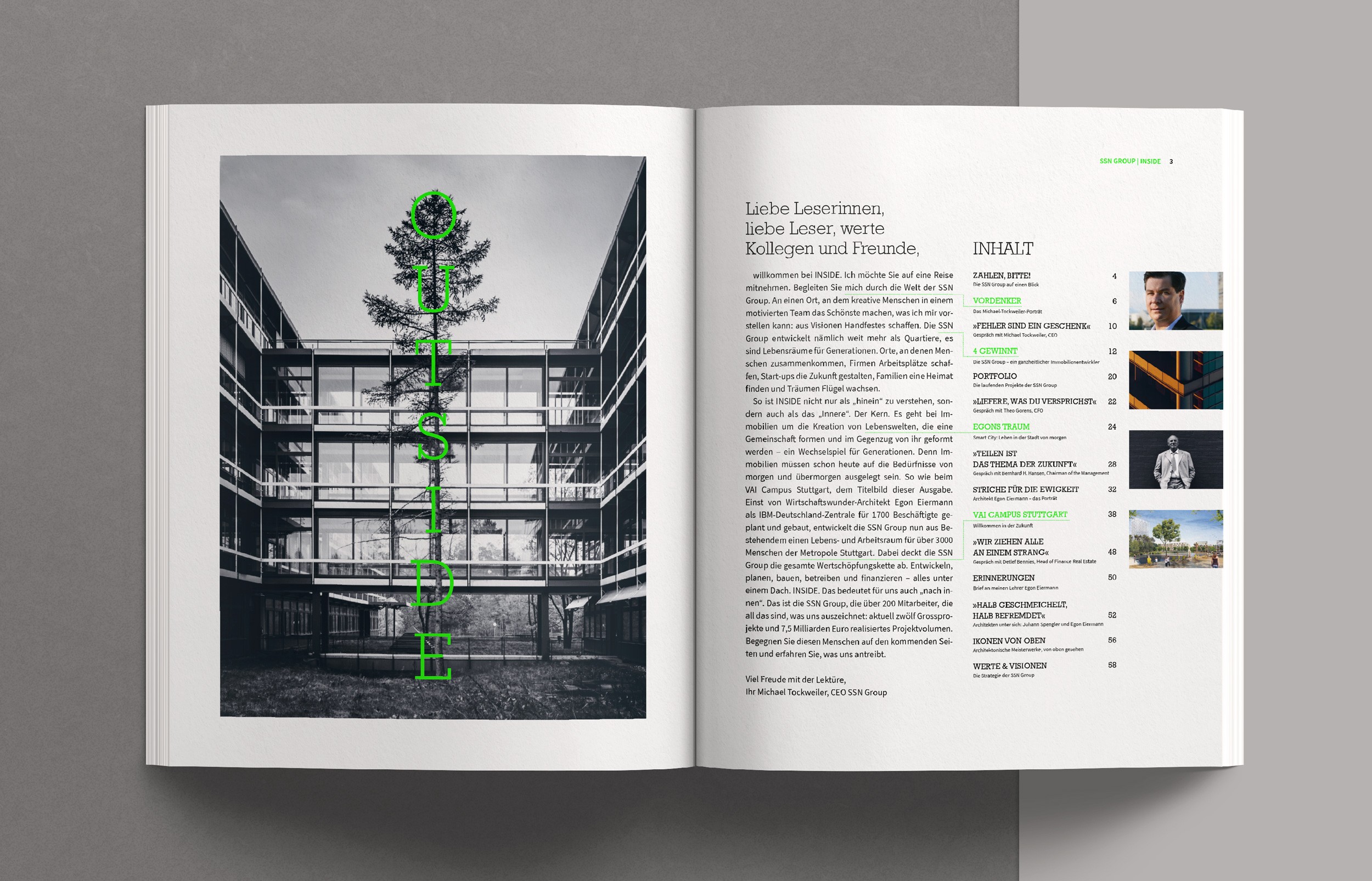 Editorial Design für das Magazin INSIDE – präzise Raster, klare Bildsprache und typografische Balance