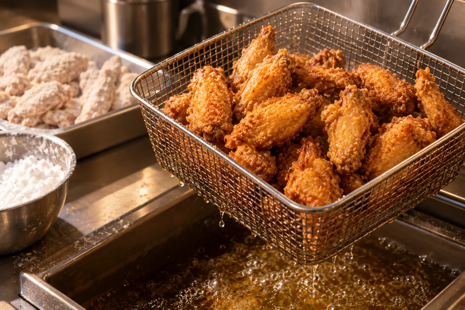 Korean chicken wings in a fry basket over hot oil