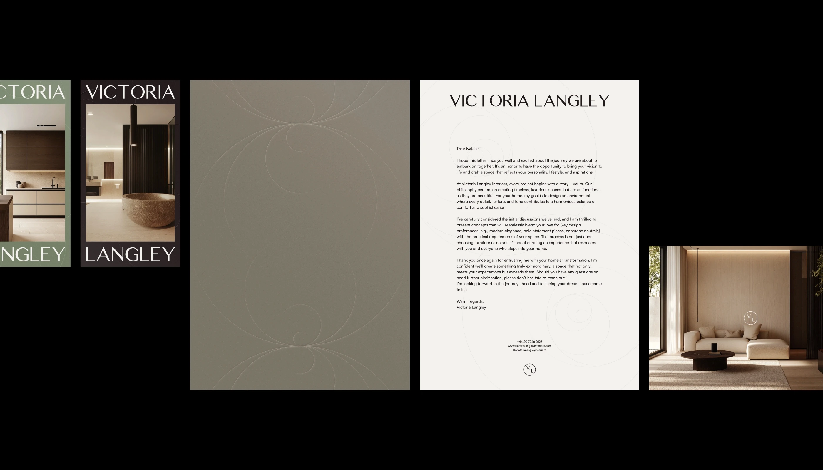 Letterhead, envelope, and compliment card for an interior design brand