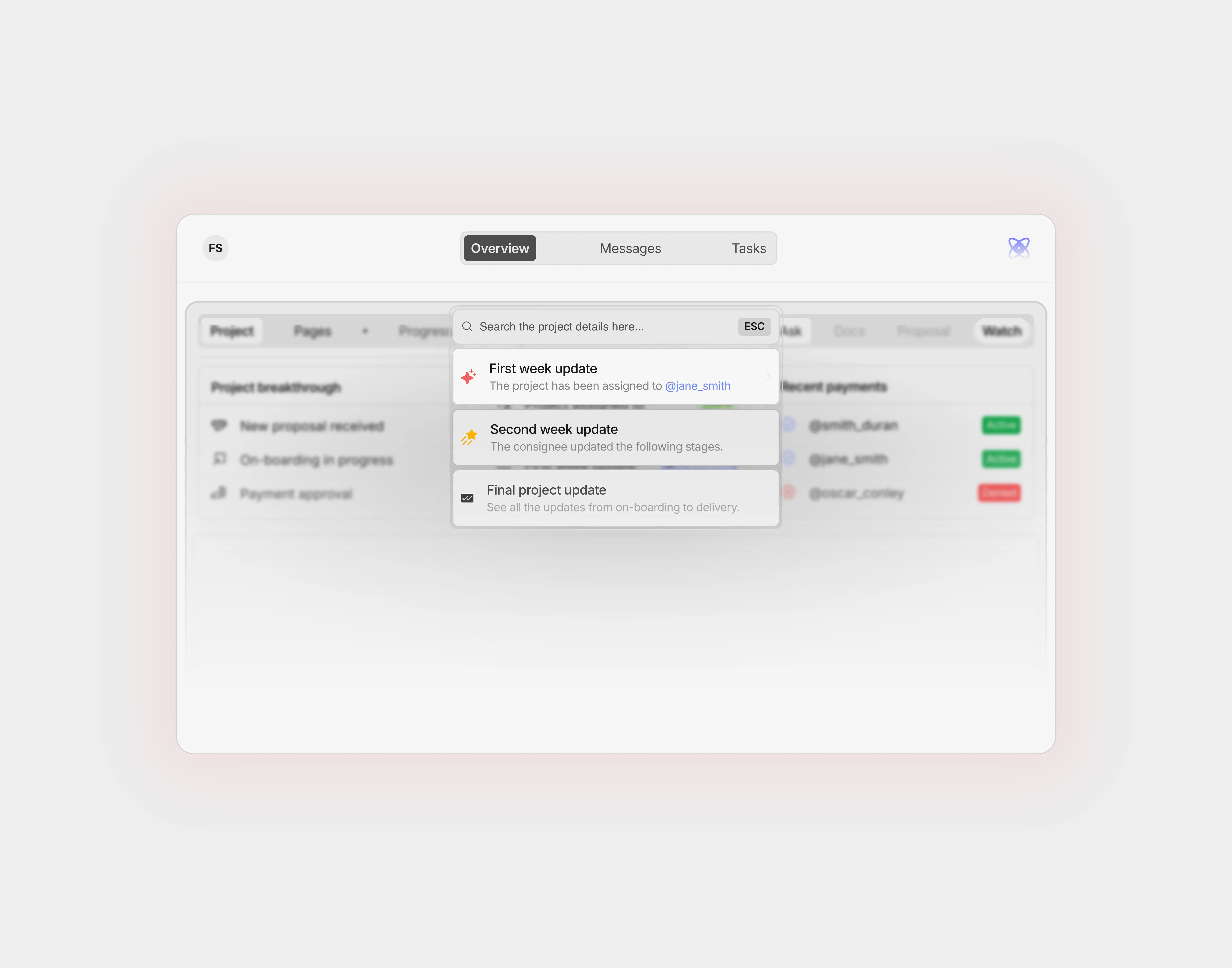A light themed dashboard with a dialogue box having a blurred background.