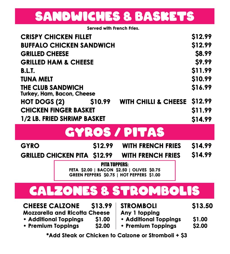 1/3 lb burgers from cheeseburger to triple cheeseburger and bacon cheeseburger, fresh salads like the famous Greek and chef salad, sandwiches and baskets including buffalo chicken, BLT, club sandwich, gyro pita, calzones, and strombolis in Virginia Beach, VA