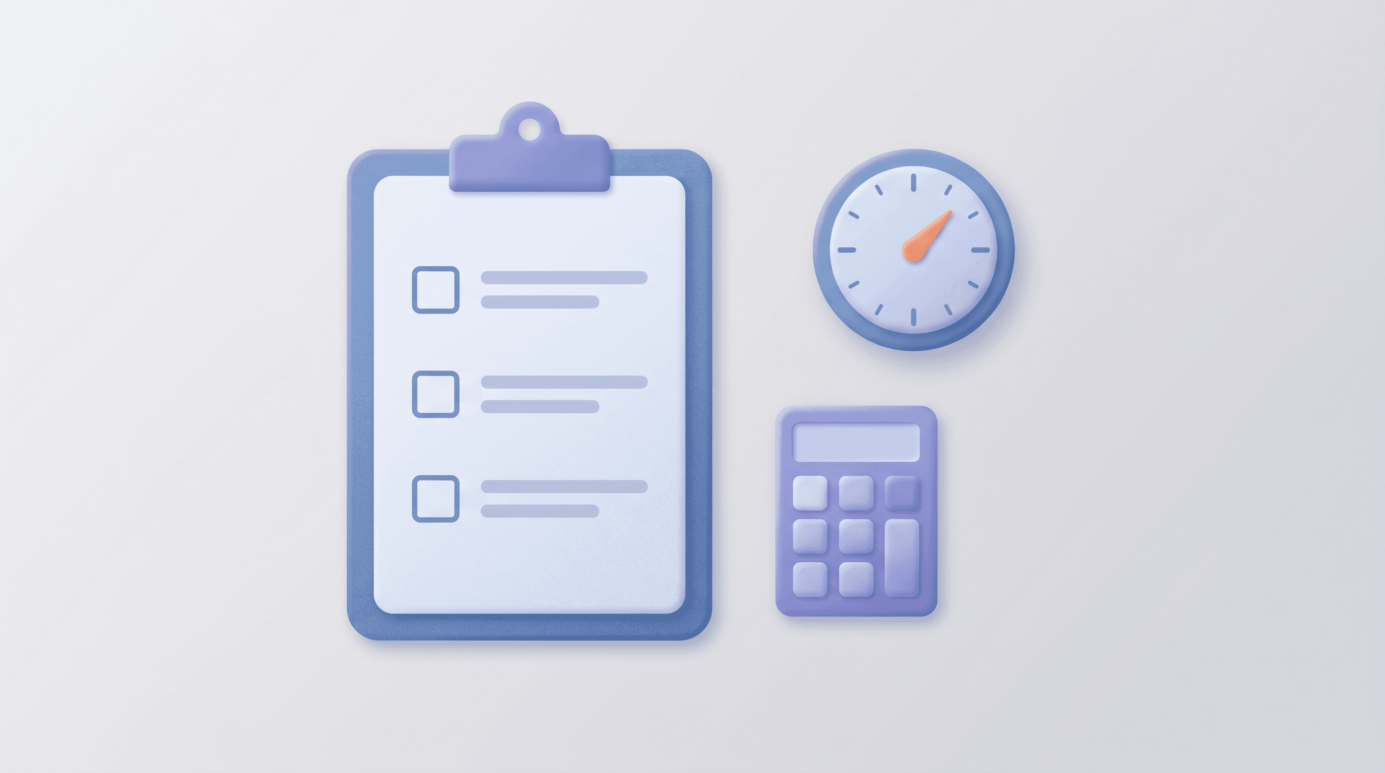 Clipboard with checkbox rows, calculator, and timer
