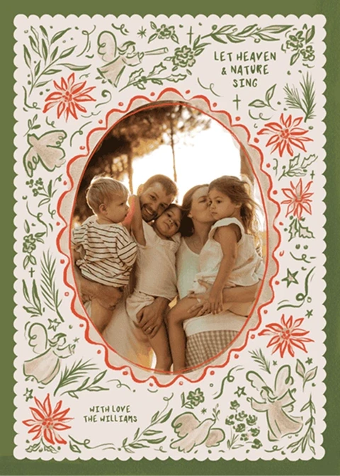 Christmas greeting card template with 'Let Heaven and Nature Sing' message and hand-drawn angels and leaves