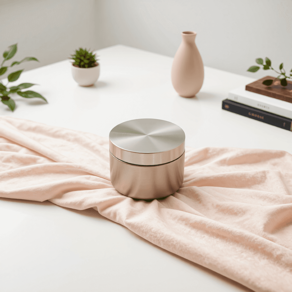 product photography of a round metallic container